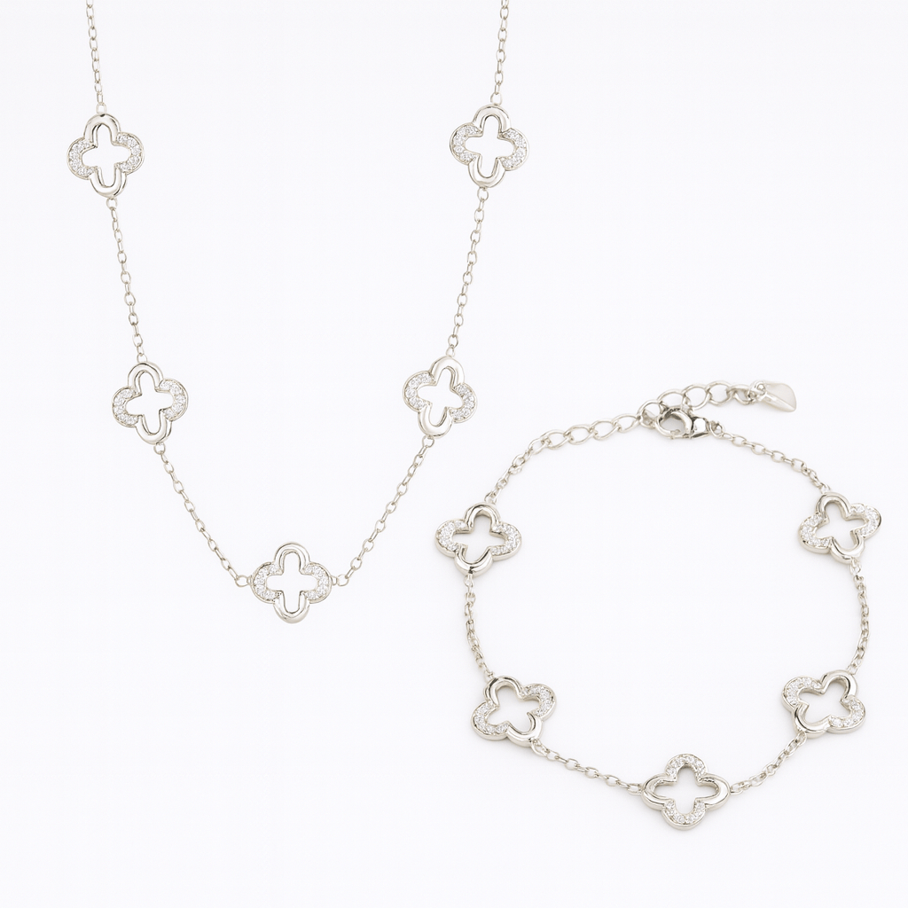 by JoAnn Schmuckset Schmuckset Kleeblätter – Halskette & Armband mit Zirkonia silberfarben