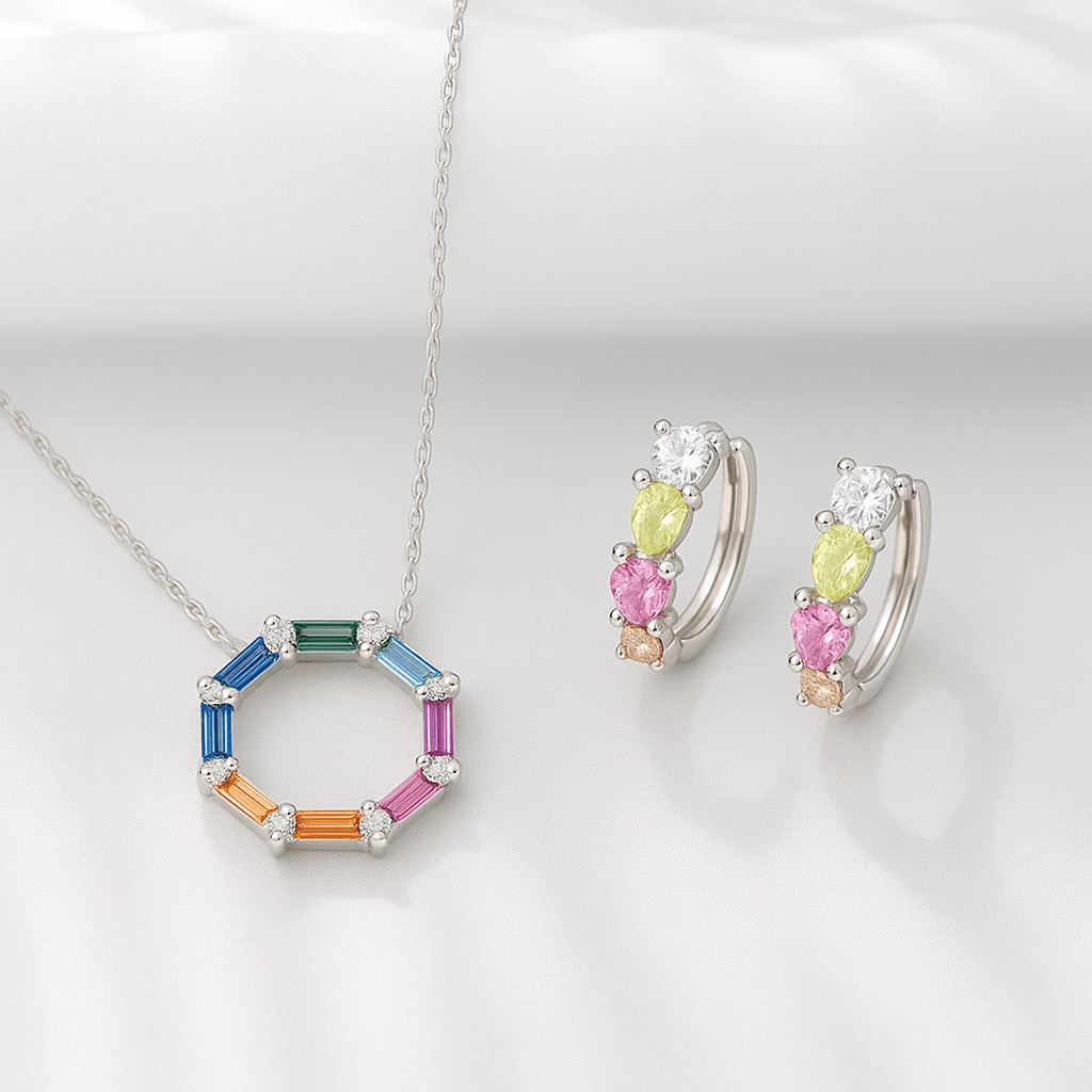 by JoAnn Schmuckset Silber Schmuckset aus bunten Zirkonia in Gold oder Silber