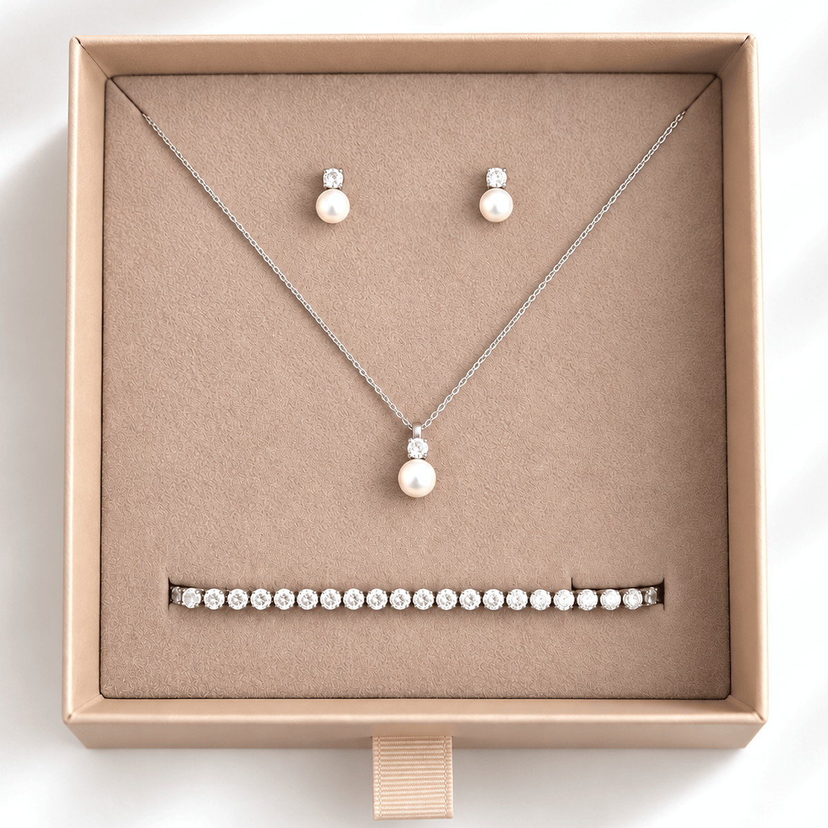 by JoAnn Schmuckset Silber Schmuckset Perlen und Zirkonia mit Armband – 3-teilig in Silber oder Gold