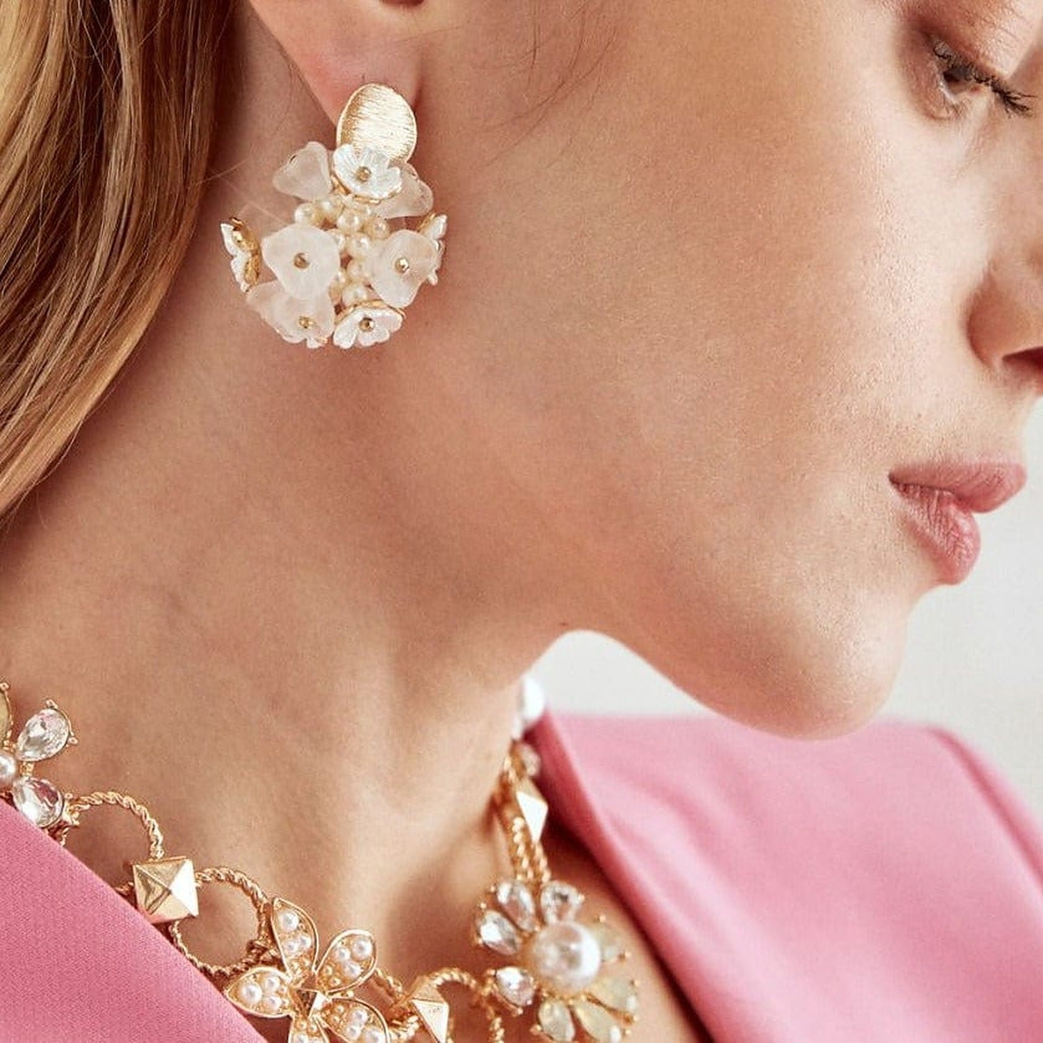 Blumen Schmuckset Halskette & Ohrringe – Perlen & Blütendesign Für Damen, Elegante Accessoires